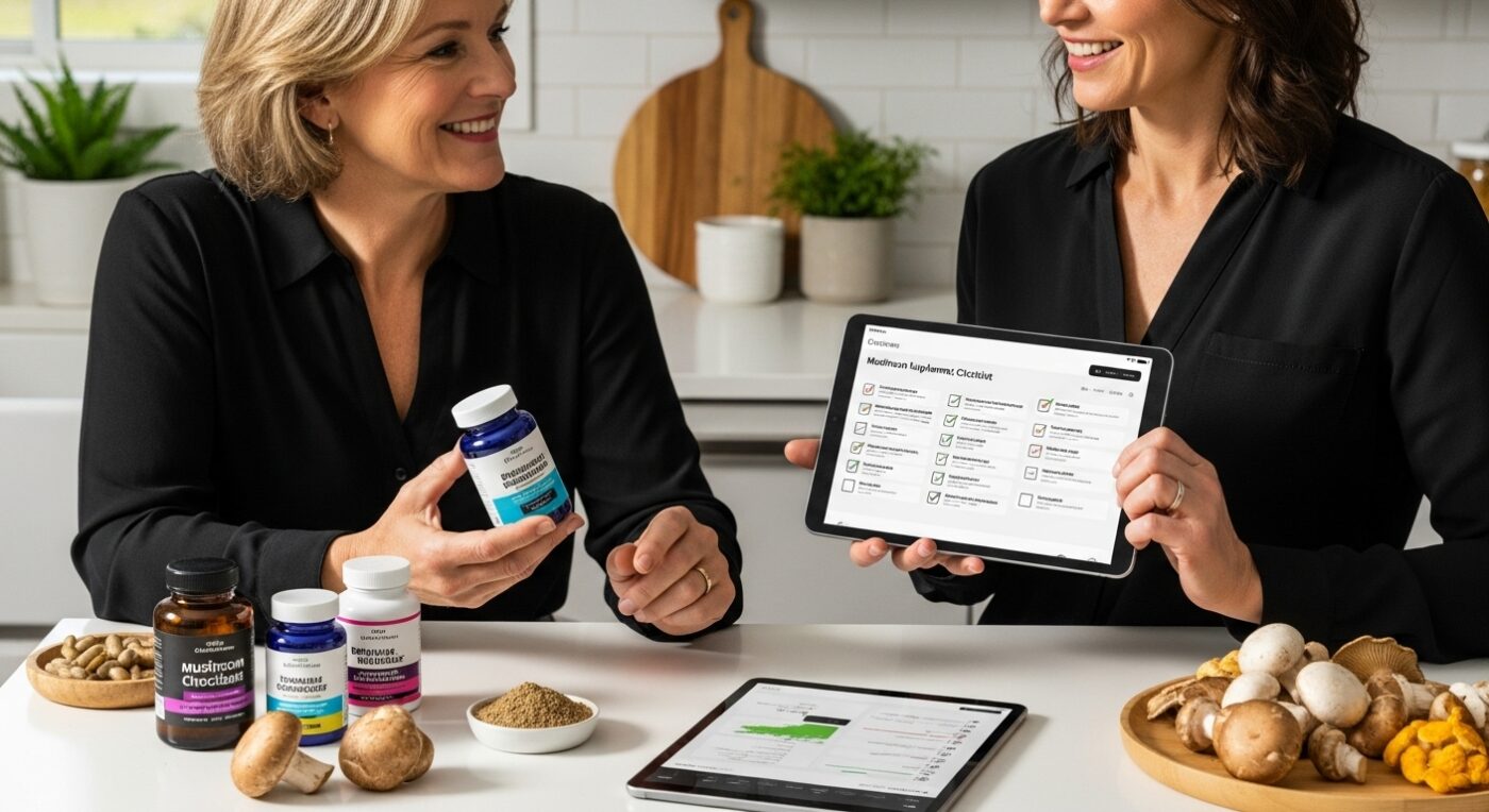 mushroom supplements checklist, healthy lifestyle, modern kitchen